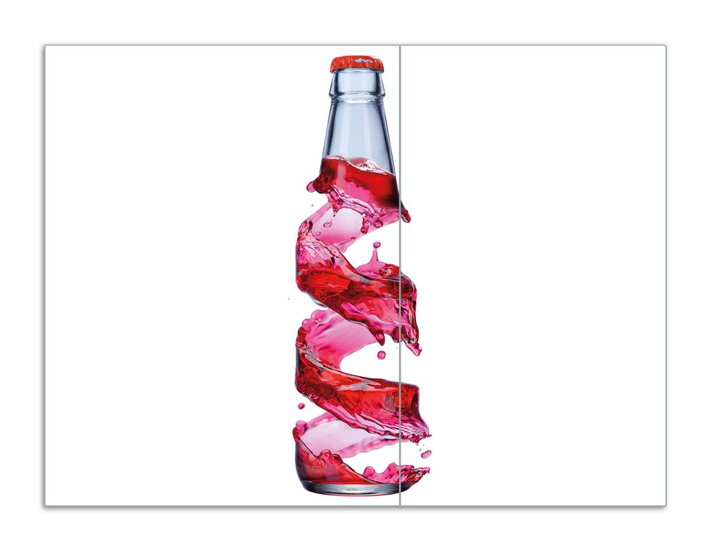 Wallario Herdabdeckplatte aus Glas, Größe 70 x 52 cm 2-teilig, Motiv Flasche mit roter Brause - Wirbelsturm