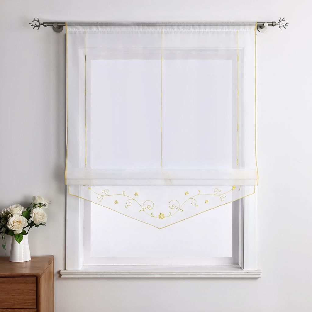 Joyswahl Raffrollo Küchengardinen Modern Raffgardinen mit Tunnelzug Landhausstil Stickerei Voile Transparent Gelb BxH 60x140cm 1 Stück