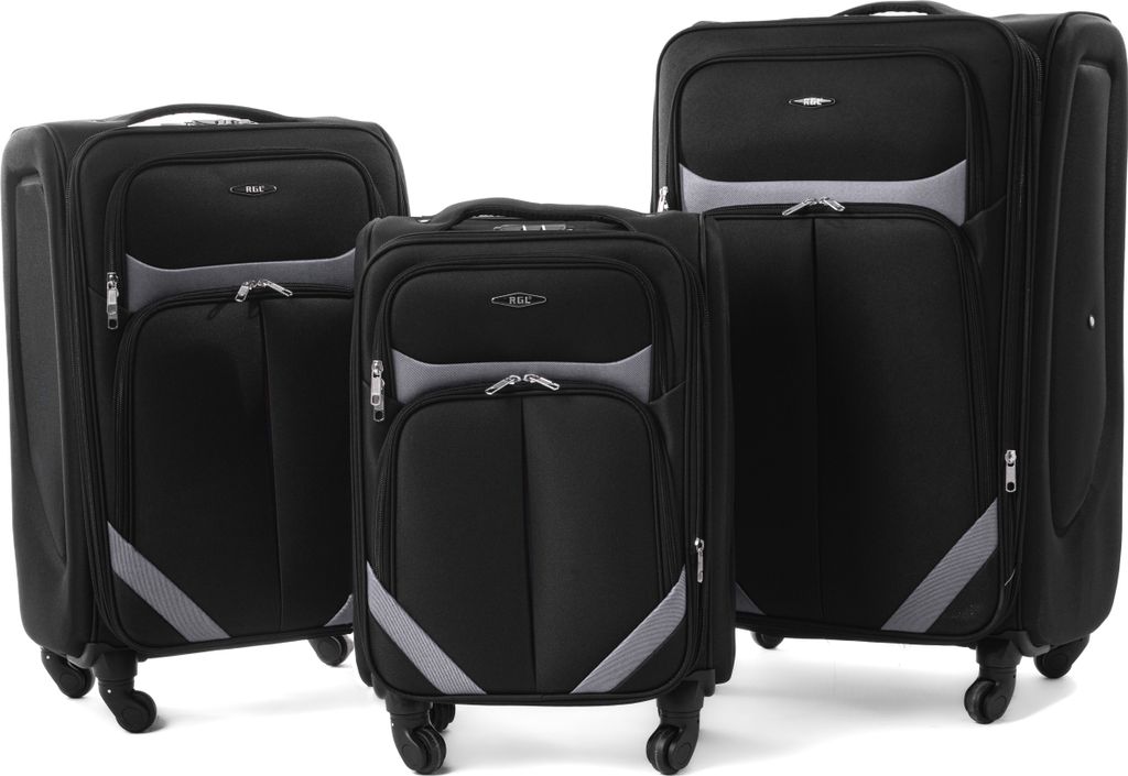Three black suitcases of varying sizes are displayed against a white background.