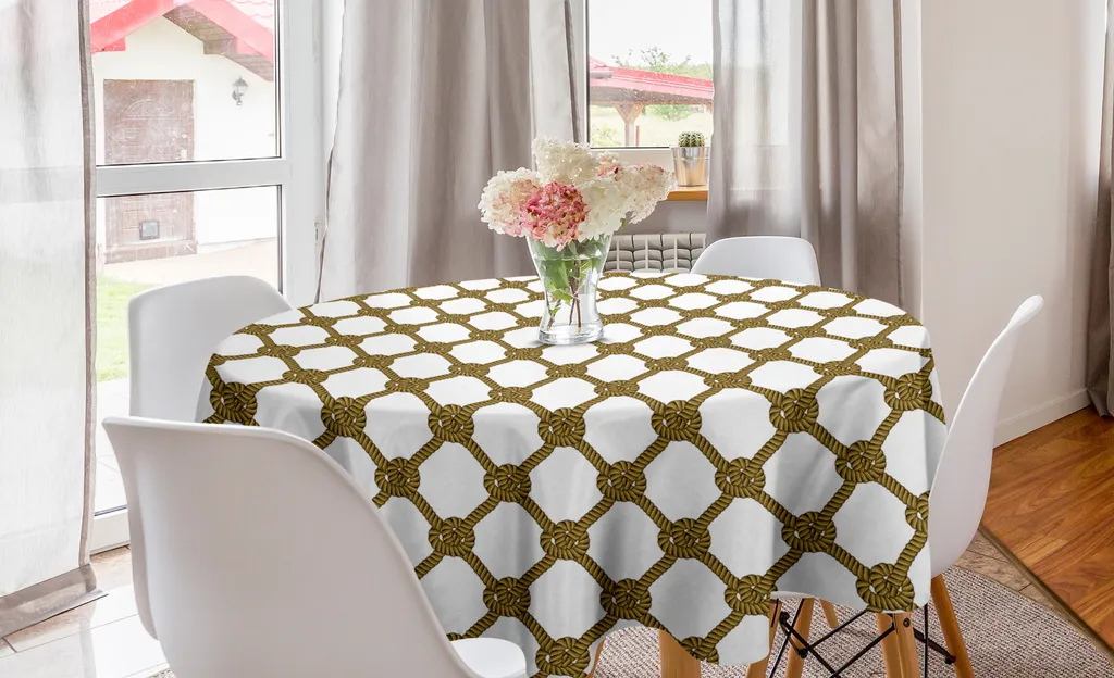 ABAKUHAUS Tovaglia rotonda in stile nautico, cordoncino astratto con nodi, tovaglia circolare per sala da pranzo, decorazione per cucina, 150 cm, senape scura Umber