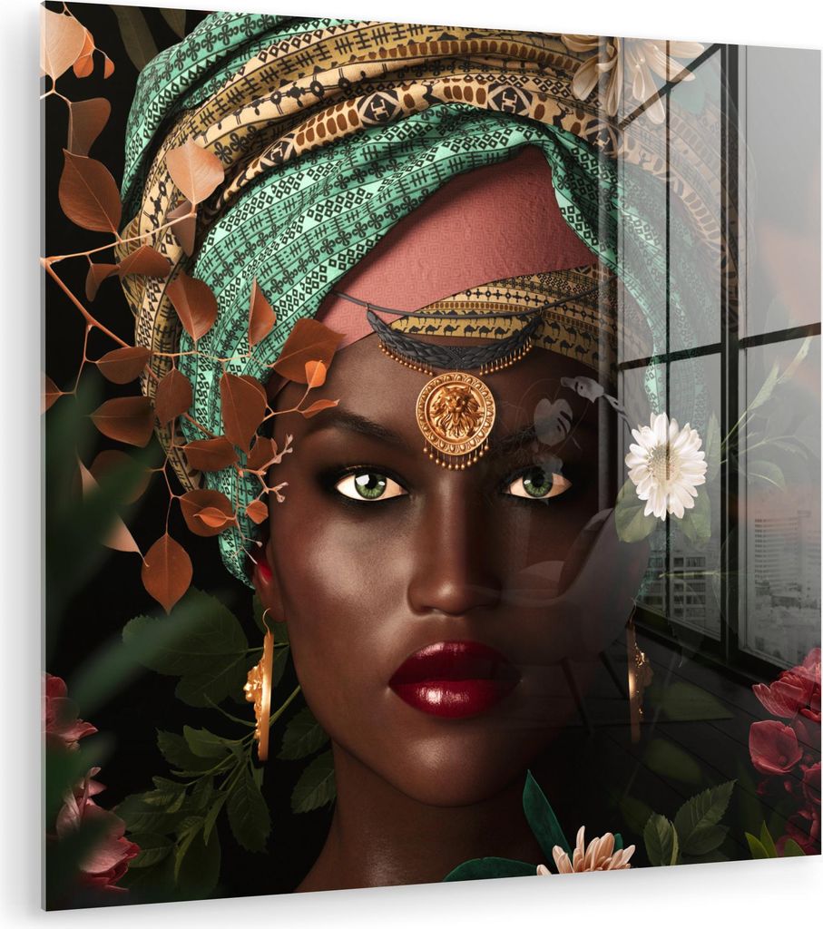 MuchoWow Glasbilder - Bilder auf Wandbild - Foto auf Glas Frau - Blumen - Schmetterlinge - Pflanzen - Schmuck - Luxus 90x90 cm Wanddekoration aus G...