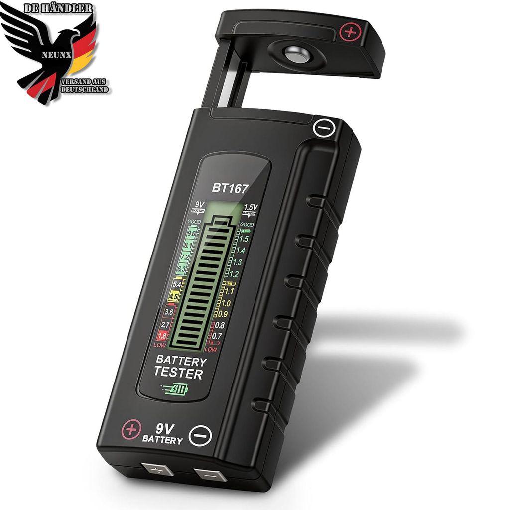 Digitaler Batterietester mit LCD‑Display, ohne eigene Produktbild 