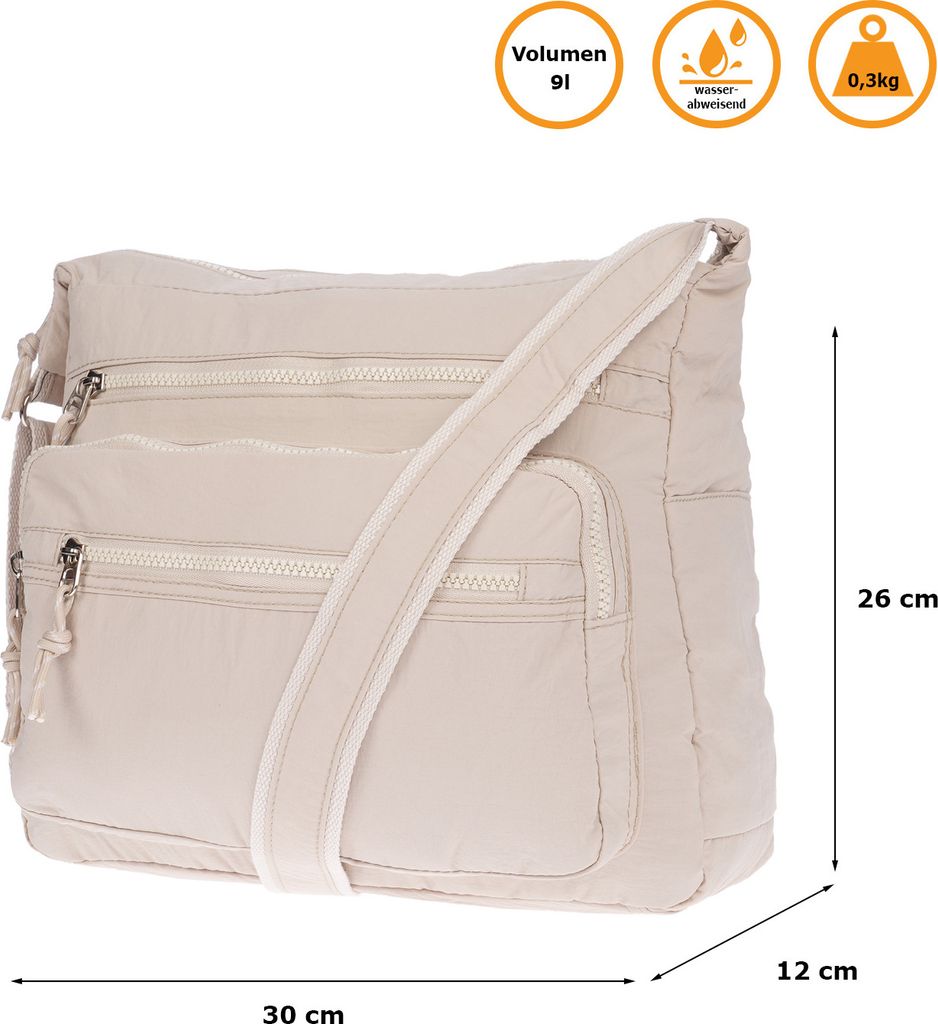 Große Damen Tasche Schultertasche Umhängetasche Henkeltasche Nylon Optik Bag Beige