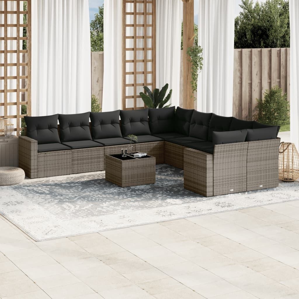 11-tlg. Garten-Sofagarnitur mit Kissen Grau Poly Rattan 3251857