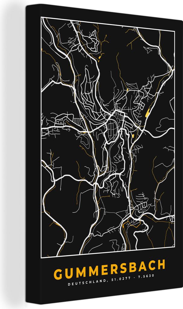 OneMillionCanvasses - Leinwandbilder - 90x140 cm, Gummersbach - Stadtplan - Gold - Karte - Deutschland, Wandbilder Kunstdruck Wanddekoration - Fo...