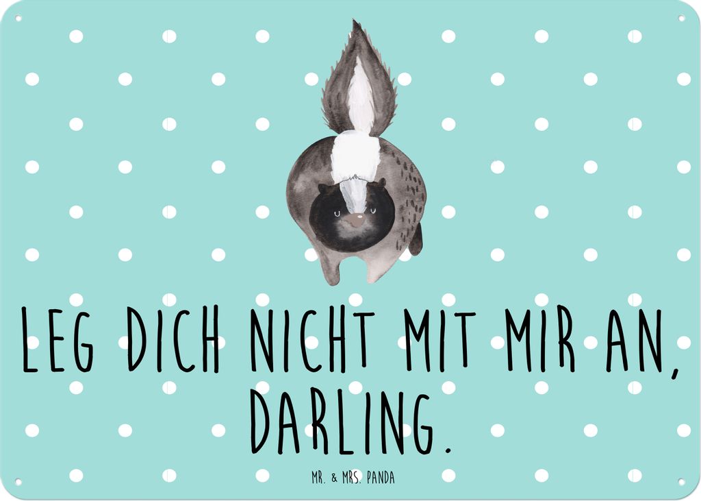 Mr. & Mrs. Panda Schild Stinktier Angriff DIN A3 - Türkis Pastell - Geschenk, Wildtier, Skunk, Drohung, Raubtier, wütend, Retro Blechschild, Tür...