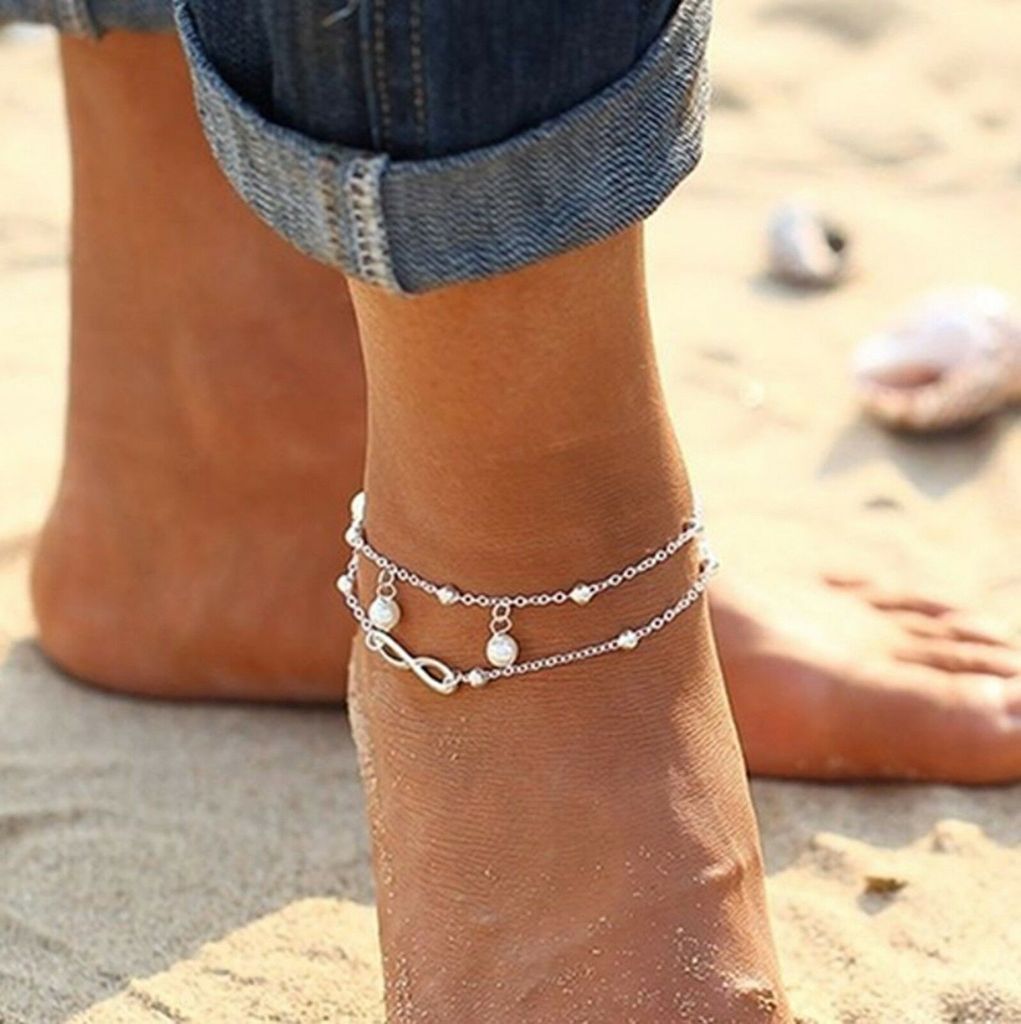Damen Fußkette Fußkettchen Strand Schmuck Silber Strasssteine Geschenkbeutel 