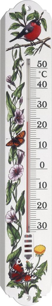 A thermometer decorated with floral and insect illustrations.