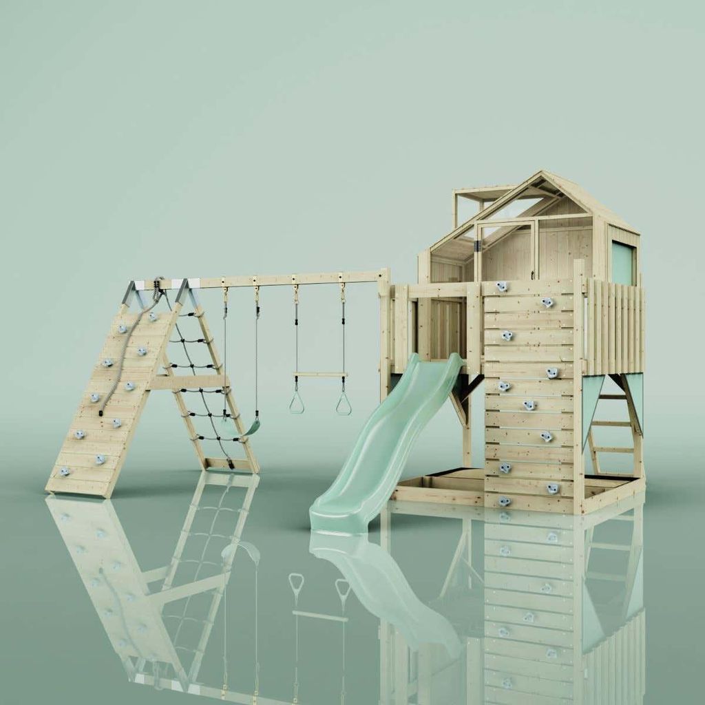 OutdoorToys Spielturm Oscar aus Holz in Grün Trapezschaukel Produktbild 