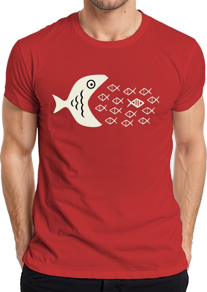 Großer Fisch frisst kleine Fische Fischschwarm Meer Ozean Maritim Herren T-Shirt, Rot, XXL