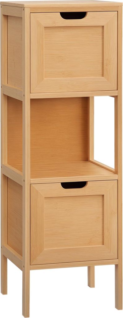 kleankin Badezimmerschrank aus Bambus, 1 Regal, 2 Schubladen, 30 cm x 30 cm x 90 cm; Natur