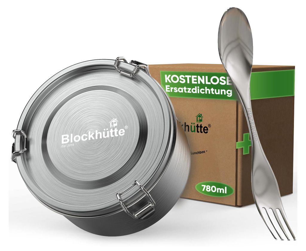 Blockhütte Edelstahl Brotdose Rund 780ml - Auslaufsichere Lunchbox mit Göffel, Ersatzdichtung & Baumwollbeutel, BPA-frei, Spülmaschinenfest, Bow...