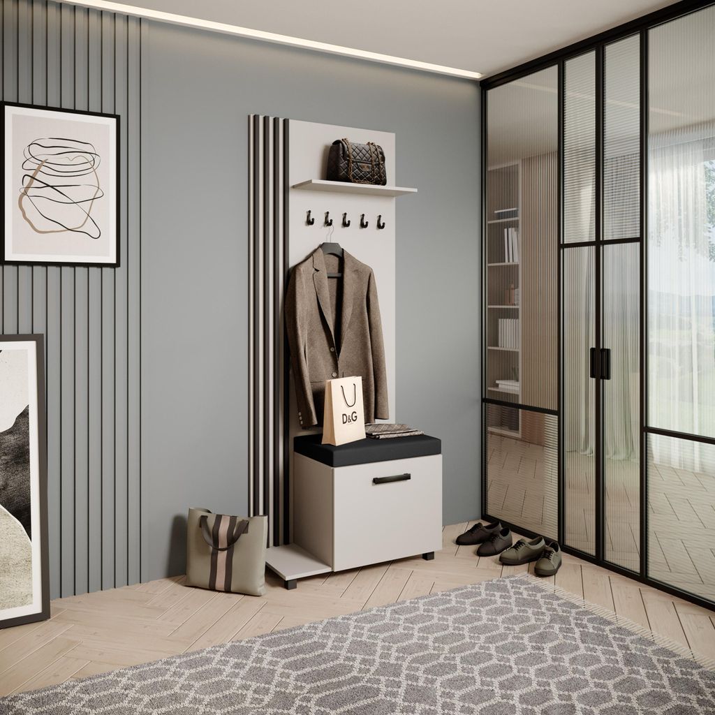 Garderobenschrank LIVIA - Hochschrank mit Aufhängern, Schuhschrank, Kaschmir, Lamellen in Schwarz, Sitzkissen in Schwarz, Links