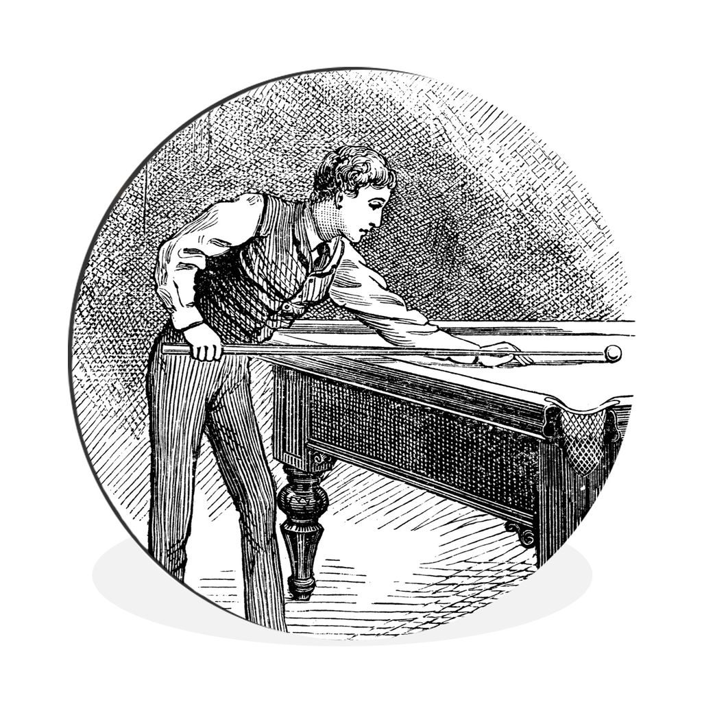 MuchoWow Aluminium Wandkreis Eine historische Illustration eines Billard spielenden Mannes Ø 90 cm Wanddeko Modern Wohnzimmer - Mauerkreis - Wan...