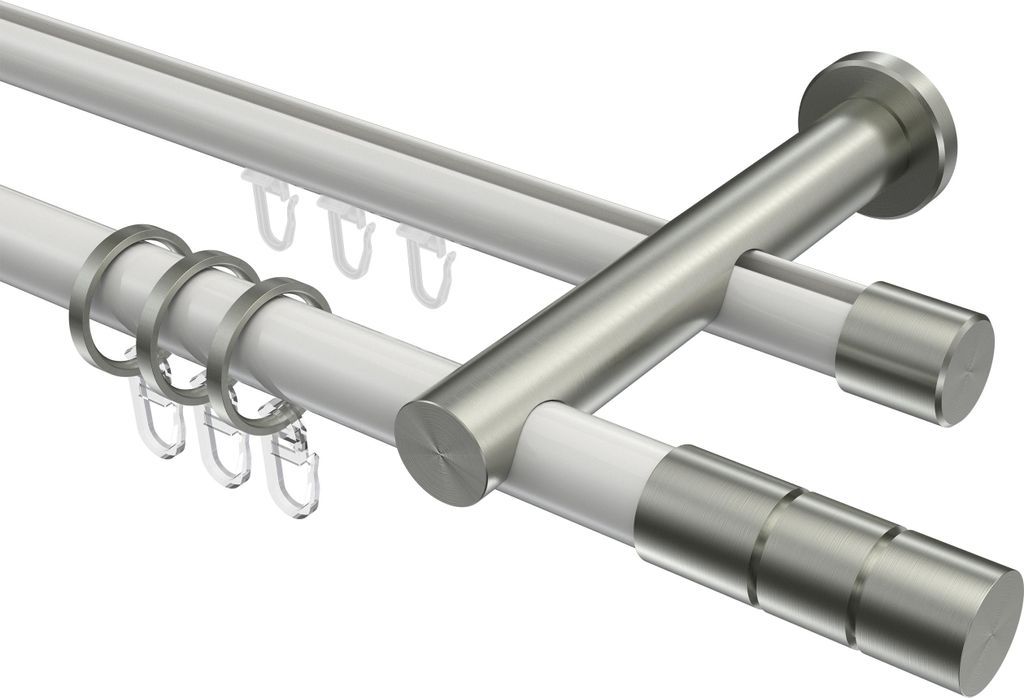 Interdeco Rundrohr-Innenlaufstange / Gardinenstange (Kombination) Weiß / Edelstahl-Optik, Typ Platon Elanto (Rillenzylinder), 20 mm Ø 2-läufig, ...