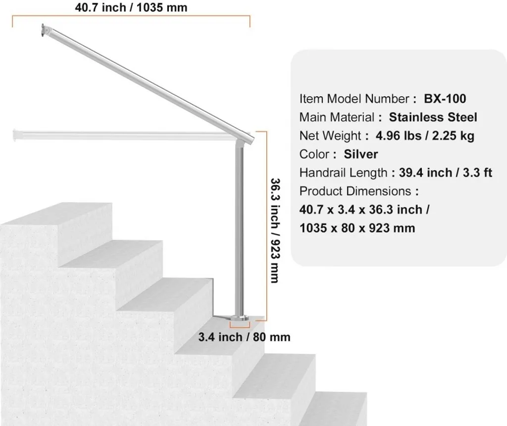 Rampe d'escalier 103cm en acier robuste pour sécurité entrée extérieure