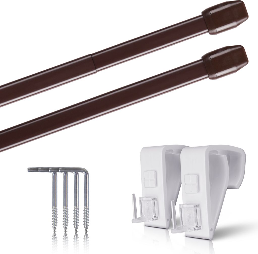 Vitragestangen Braun 80–120 cm ausziehbar (2er-Pack), Scheibenstange mit Klemmträger und Schraubhaken, für Küchen- & Bistrogardinen
