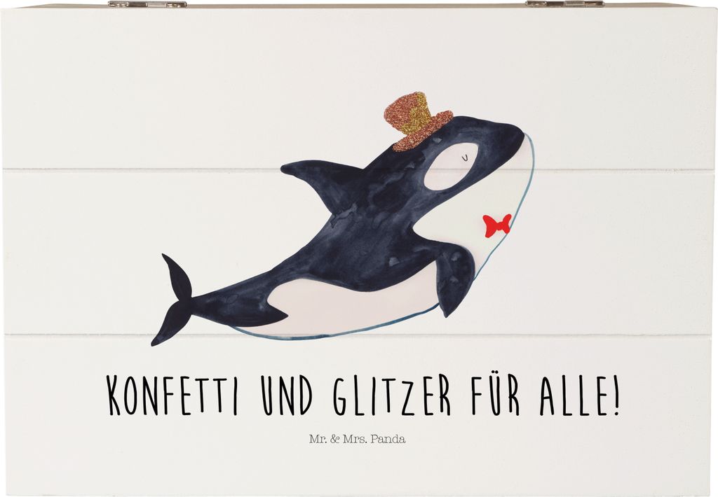 Mr. & Mrs. Panda Geschenkbox Orca Zylinder 22 x 15 cm - Weiß - Geschenk, schatzkiste holz, Geburtstag, Box, Holzbox mit Deckel, Feier, Meer, Holzk...
