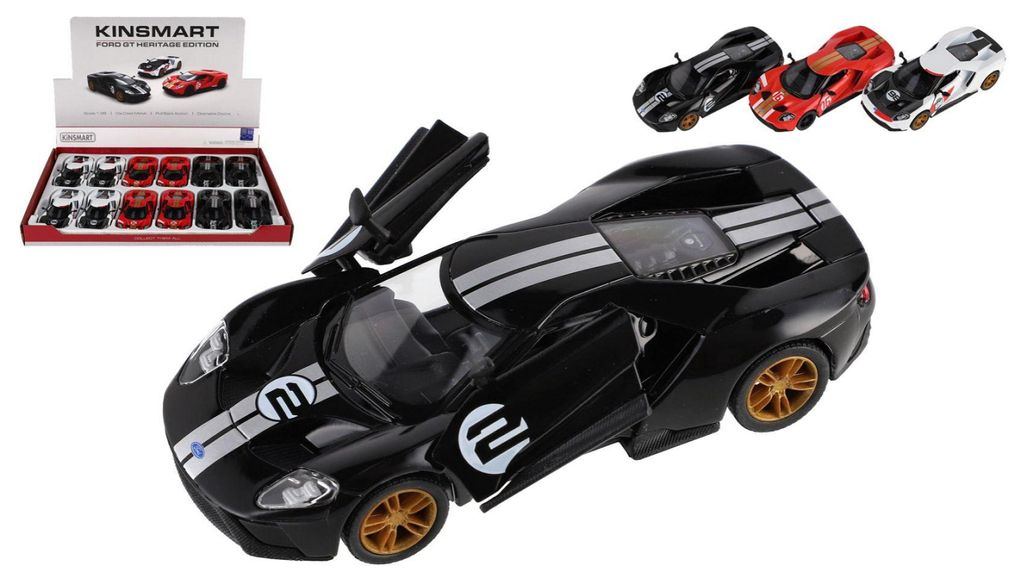 Kinsmart Ford GT im Maßstab 1:38, Metall/Kunststoff, 12,5 cm, 3 Farben, mit Rückzugantrieb, 12 Stück in einer Box