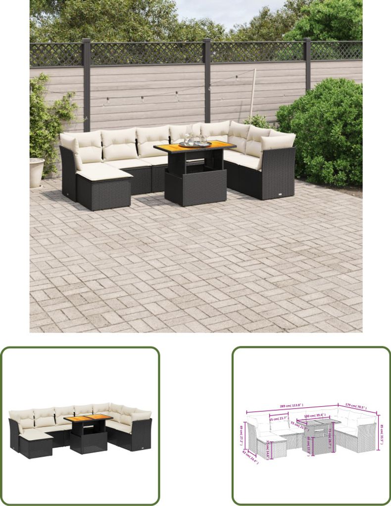The Living Store 9-tlg. Garten-Sofagarnitur mit Kissen Schwarz Poly Rattan