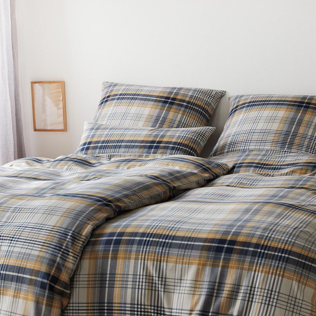 elegante Soft-Flanell-Bettwäsche-Garnitur Holmes Farbe Senfgelb-Grau Größe 240x220+2x80x80