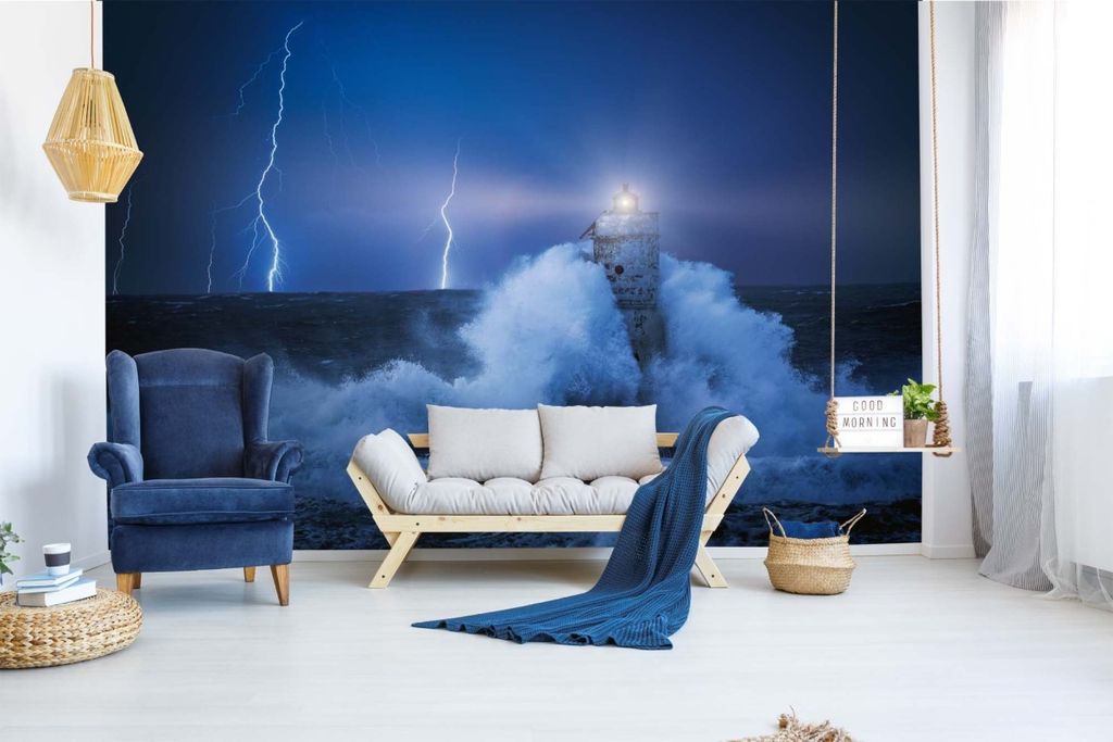 Vlies Fototapete LEUCHTTURM IM STURM 375 x 250 cm (inkl. Kleister) - Vlies Tapete, Wandtapete, Wandbilder - Tapete für Wohnzimmer Schlafzimmer, B...
