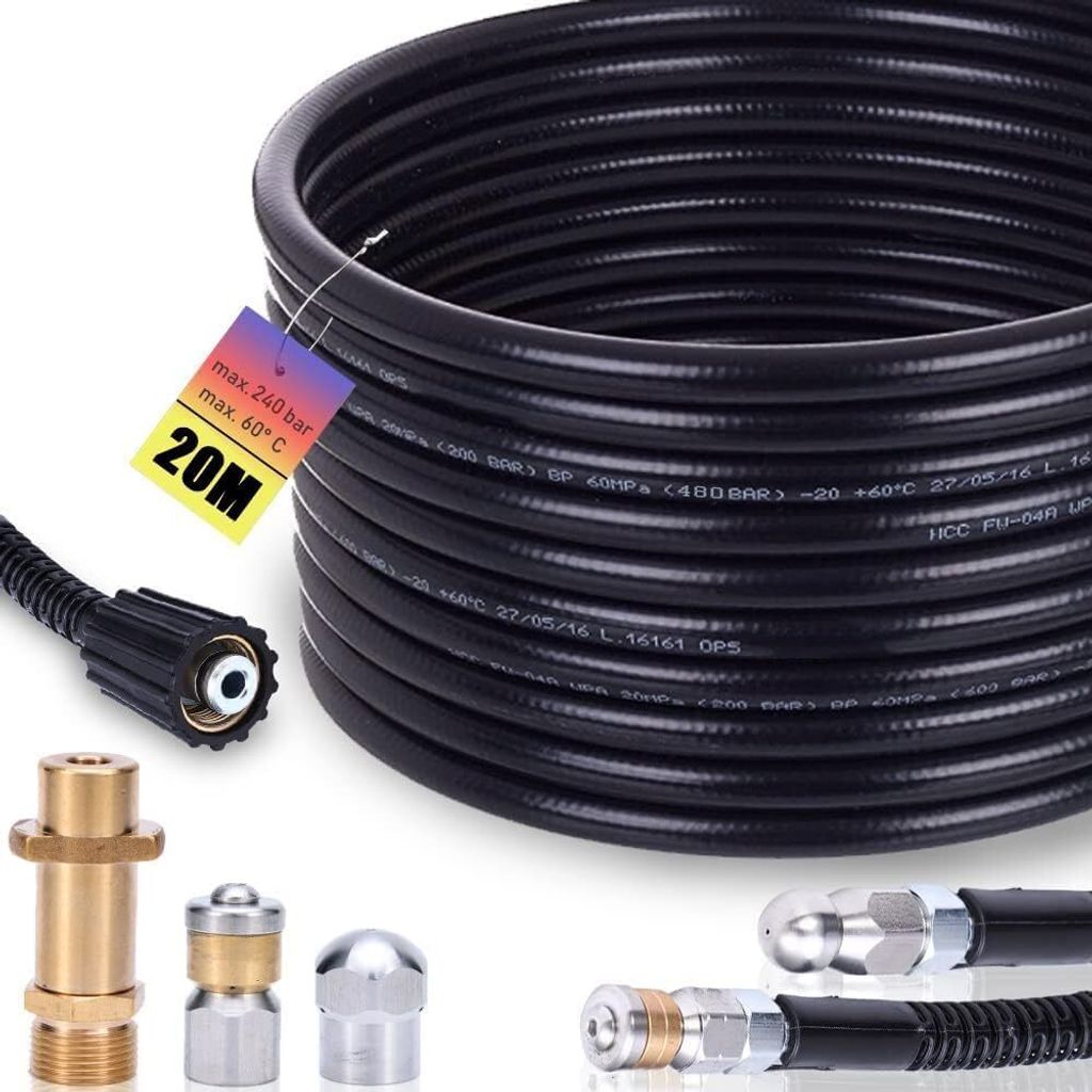 Rohrreinigungsschlauch Set 20m, 240 bar inkl. M22 Adapter, Düsen starr + rotierend für K2, K3, K4, K5, K6, K7 Hochdruckreiniger Hochdruckschlauch