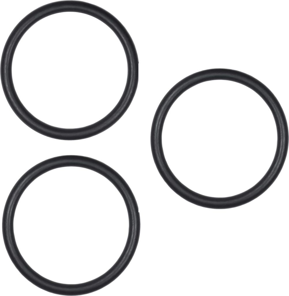 Three black O-rings on a white background.