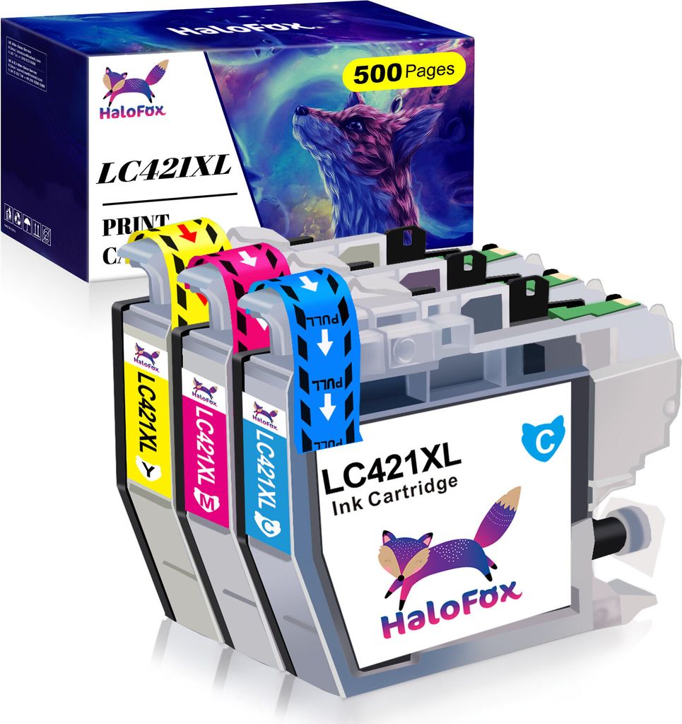 A set of four ink cartridges for a printer, with a box in the background.