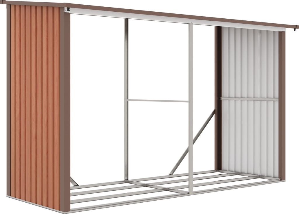 A partially assembled metal firewood rack with brown corrugated metal siding on the left and right ends.