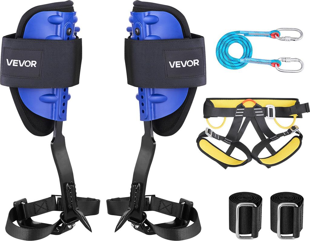 A set of tree climbing equipment including climbing spikes, a harness, and ropes, laid out on a white background.