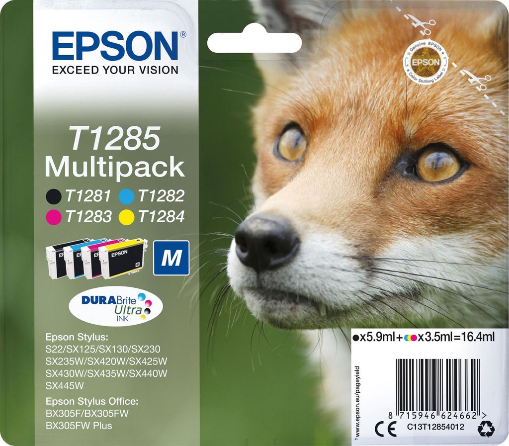 Epson T1285 Multipack - 4er-Pack - 16,4 ml - Schwarz, Gelb, Cyan, Magenta - original - Tintenpatrone - für Stylus S22,