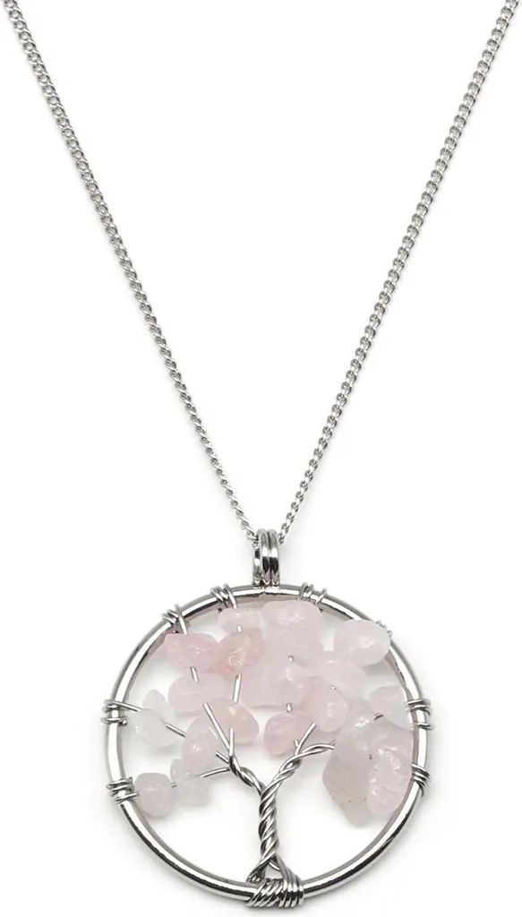 Cadeau Idéal : Pendentif Arbre de Vie Quartz Rose avec Collier pour Femme - Amour