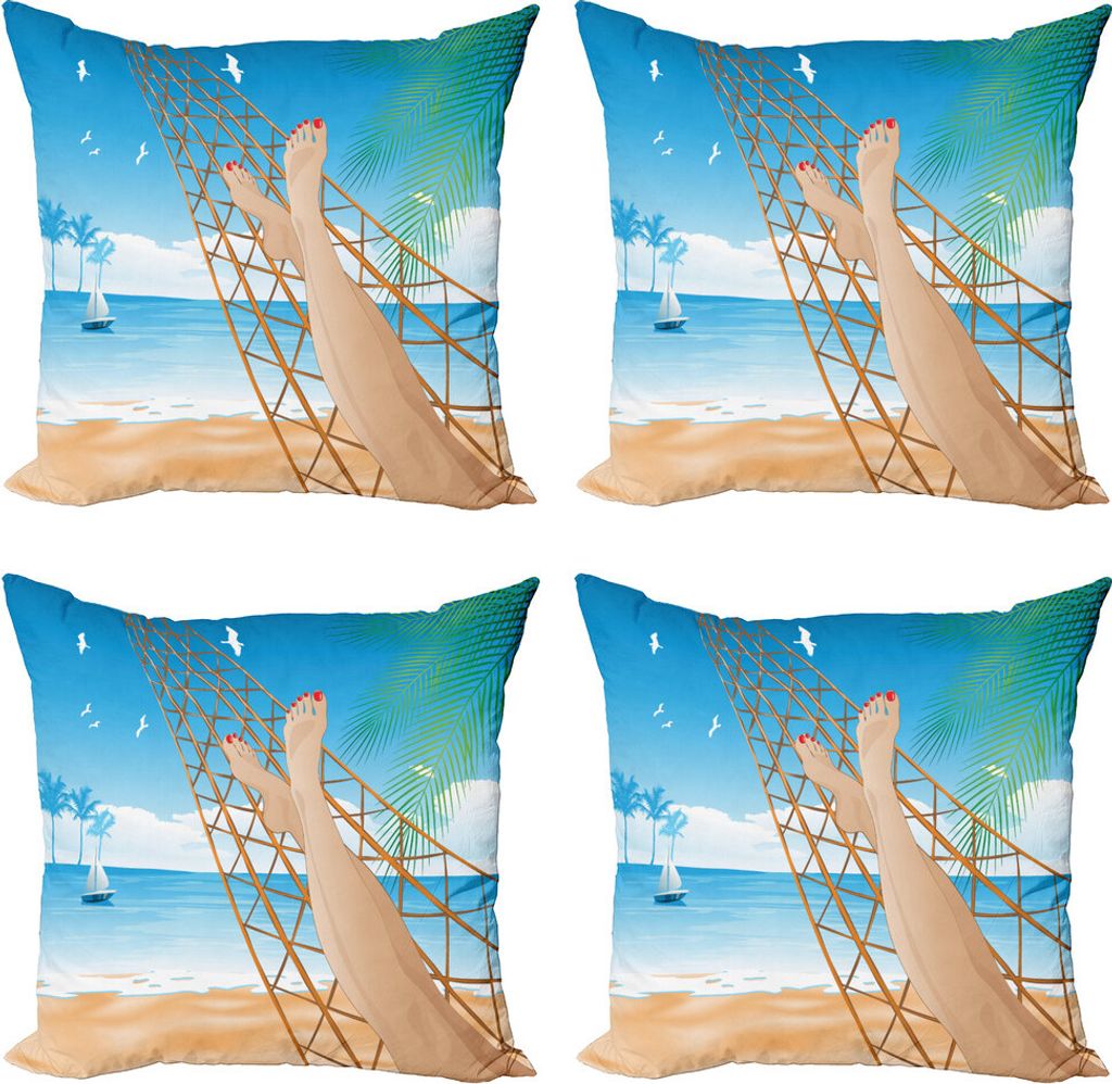 ABAKUHAUS Strand Kissenbezug Set (4 Stück), Hawaiian Ocean Hängematte, Moderner Doppelseitiger Digitaldruck, 40 cm x 40 cm, Creme und Blau
