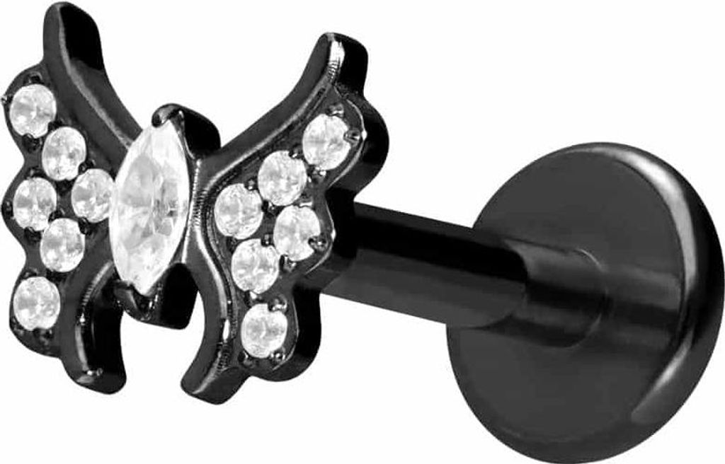 Ohrpiercing, Nasenpiercing Titan Labret mit Innengewinde KRISTALLSCHMETTERLING Schwarz Stablänge: 8mm | Stabstärke: 1,2mm