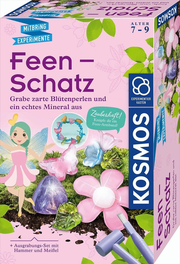 A product box for a children's science experiment kit, featuring a fairy theme and gemstones.