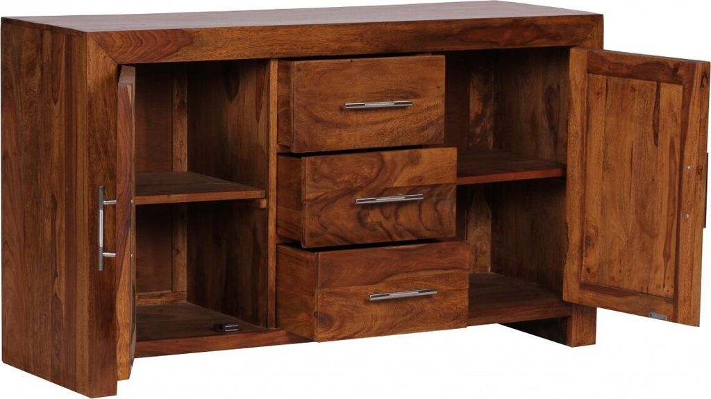 FineBuy Sideboard Sheesham Massivholz 120 cm 2 Türen & 3 Schubladen - Massive Retro Kommode Landhaus - Design Natur Anrichte - Handmade