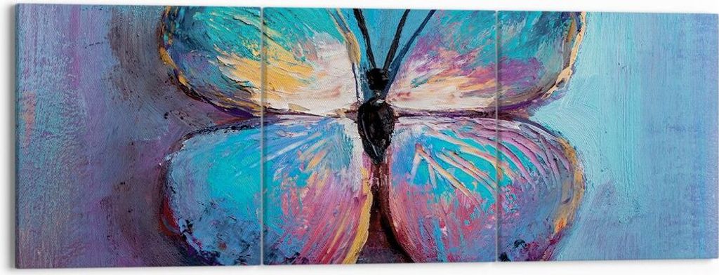 Bild auf Leinwand - Leinwandbild - 3 Teile - Handschriftlich Schmetterling Blau - 150x50cm - Wand Bild - Wanddeko - Wandbilder - Leinwanddruck - Bi...