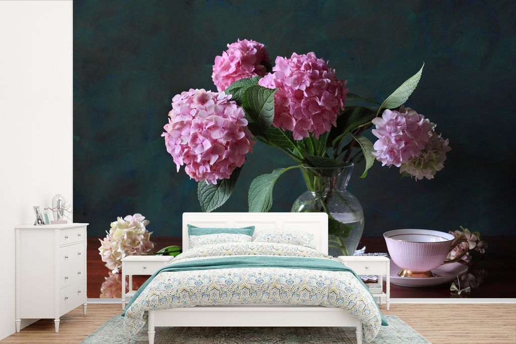 MuchoWow Fototapete für Wohnzimmer oder Schlafzimmer Wandtapete Vinyl Motivtapete Vase mit Hortensien - 330x220 cm - Fototapeten