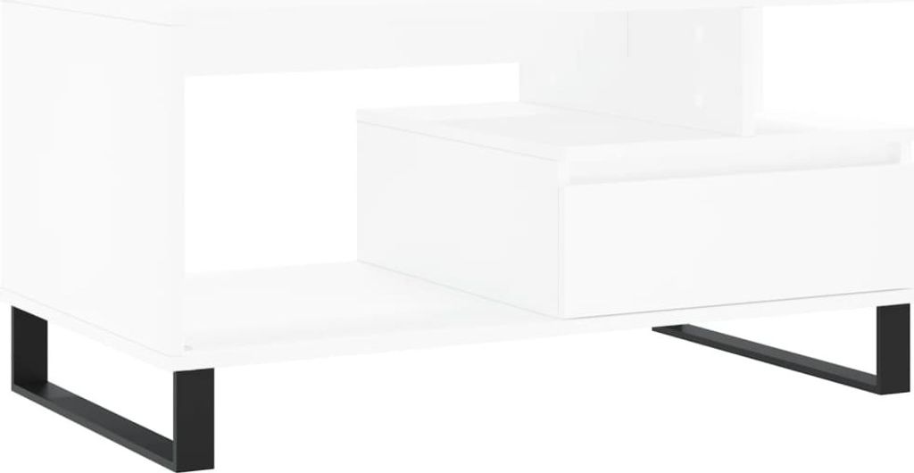 A modern white media console with black legs shown against a white background.