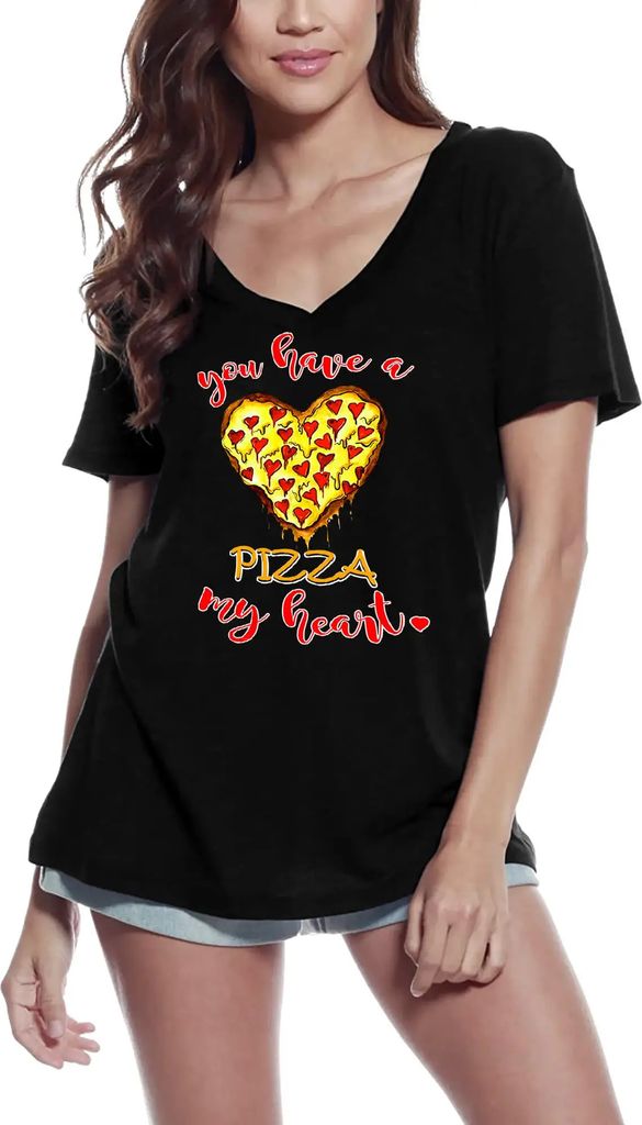 Damen Grafik T-Shirt V-Ausschnitt Du hast eine Pizza mein Herz Liebe – You Have A Pizza My Heart Love – Öko-Verantwortlich Vintage Jahrgang Ku...
