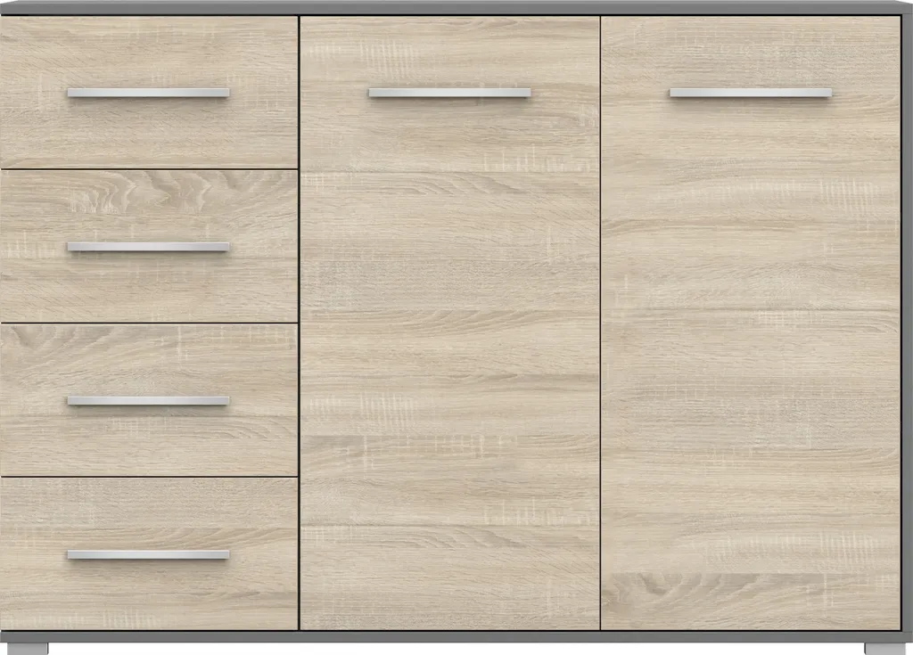 Commode Buffet FRIDA 01 de 135 cm Gris et Sonoma 2 Portes et 4 Tiroirs