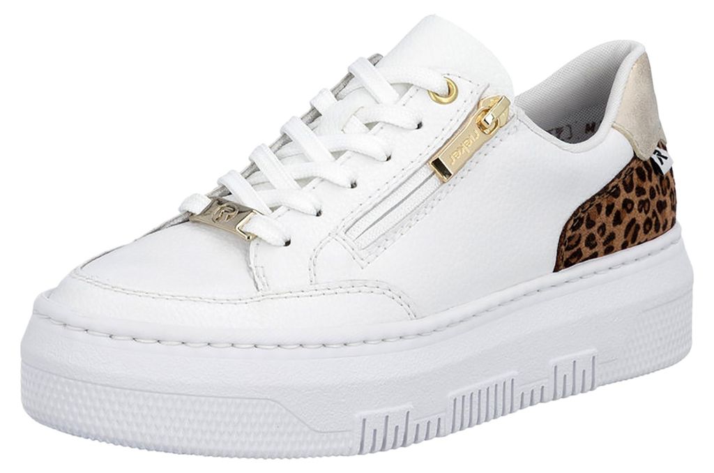 Rieker Damen Sneaker Plateau Court Leder Slipper mit Leopardenmuster M1900, Größe:40 EU, Farbe:Weiß