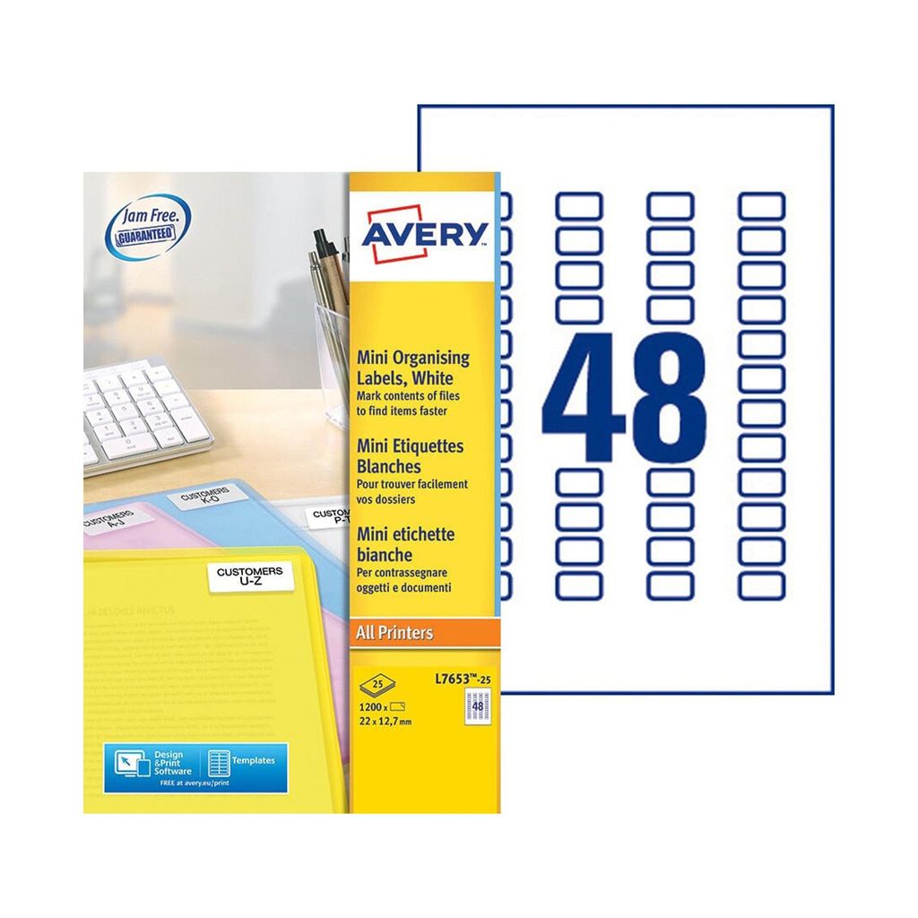 Avery L7653-25, Weiß, Selbstklebendes Druckeretikett, A4, Papier, Laser, Permanent