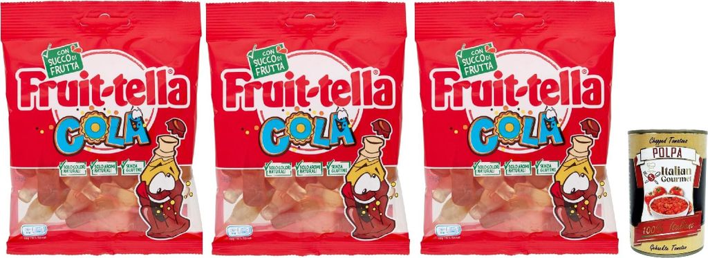 Fruittella Cola, Gummibon, verschiedene Obstgeschmack, mit Fruchtsaft, glutenfrei, 3x 90 g + Italian Gourmet polpa 400g