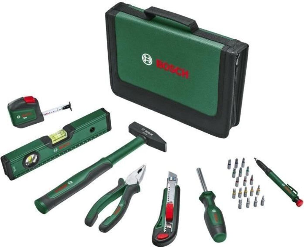 Bosch Universal Handwerkzeug-Set, 25-teilig, Inklusive Zange, Schraubendreher, Cutter, Hammer, Im Stoffbeutel