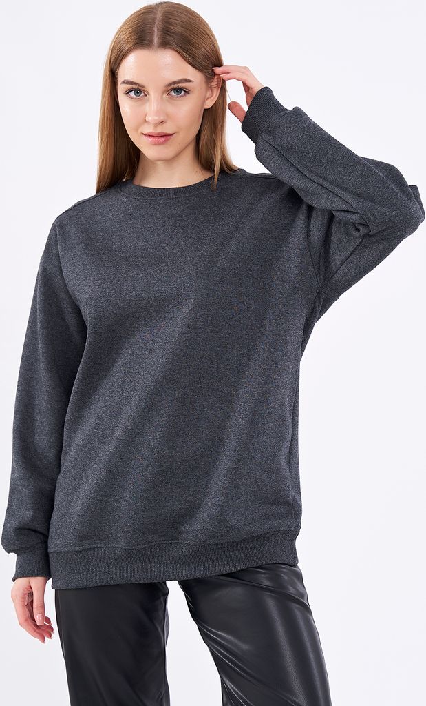 COMEOR Sweatshirt Damen Bequemer Oversize Pullover aus Baumwolle, Langarmshirt als Basic Pulli ohne Kapuze Regular Fit (Dunkelgrau M)