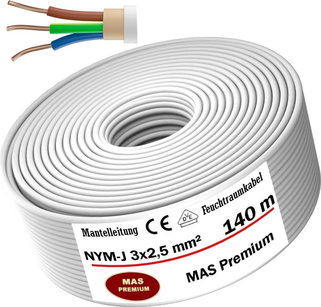 Feuchtraumkabel Stromkabel Mantelleitung 140m NYM-J 3x2,5 mm² Elektrokabel