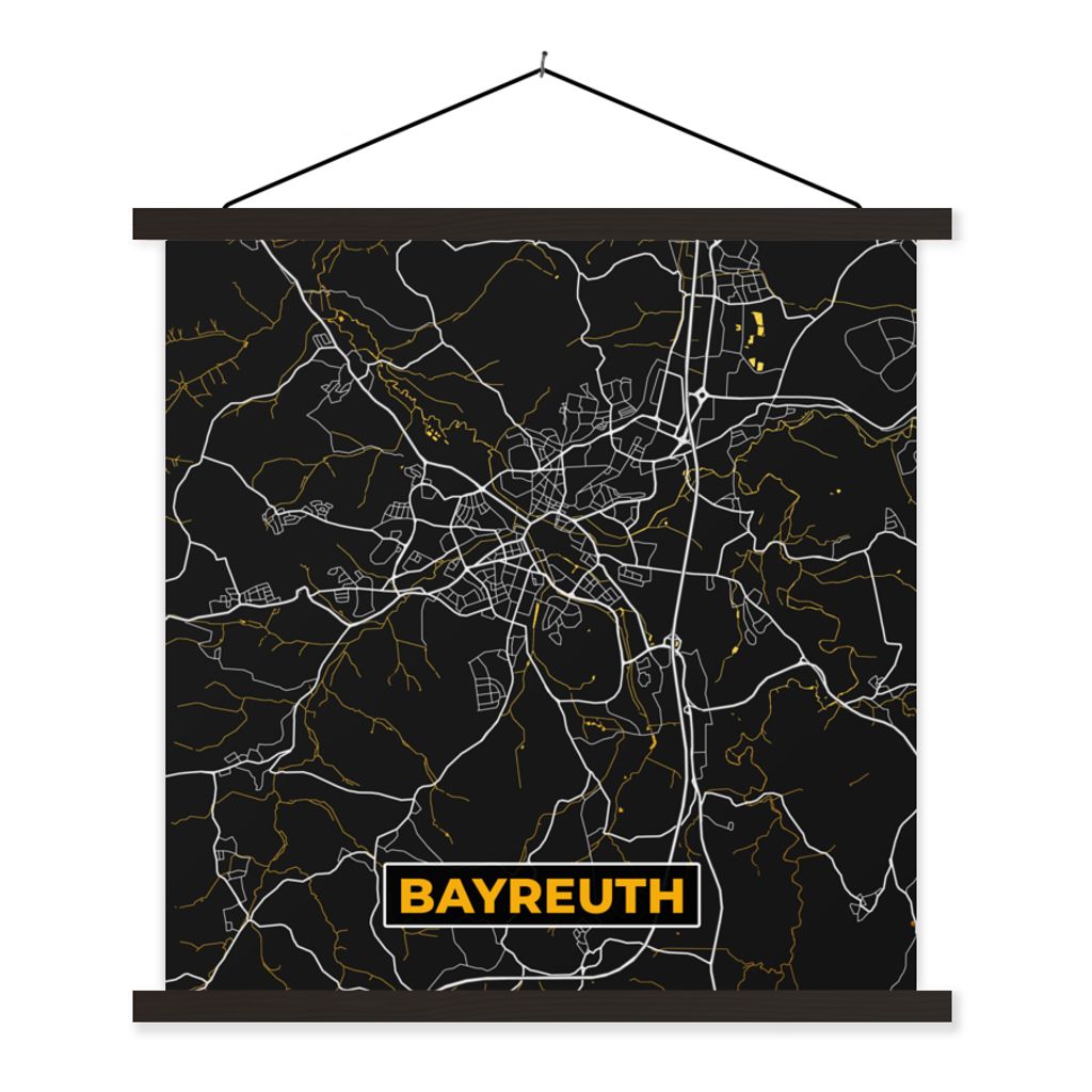 MuchoWow Textilposter Bayreuth - Stadtplan - Karte - Gold - Deutschland 120x120 cm mit schwarzem Rahmen - Aufhängungsset