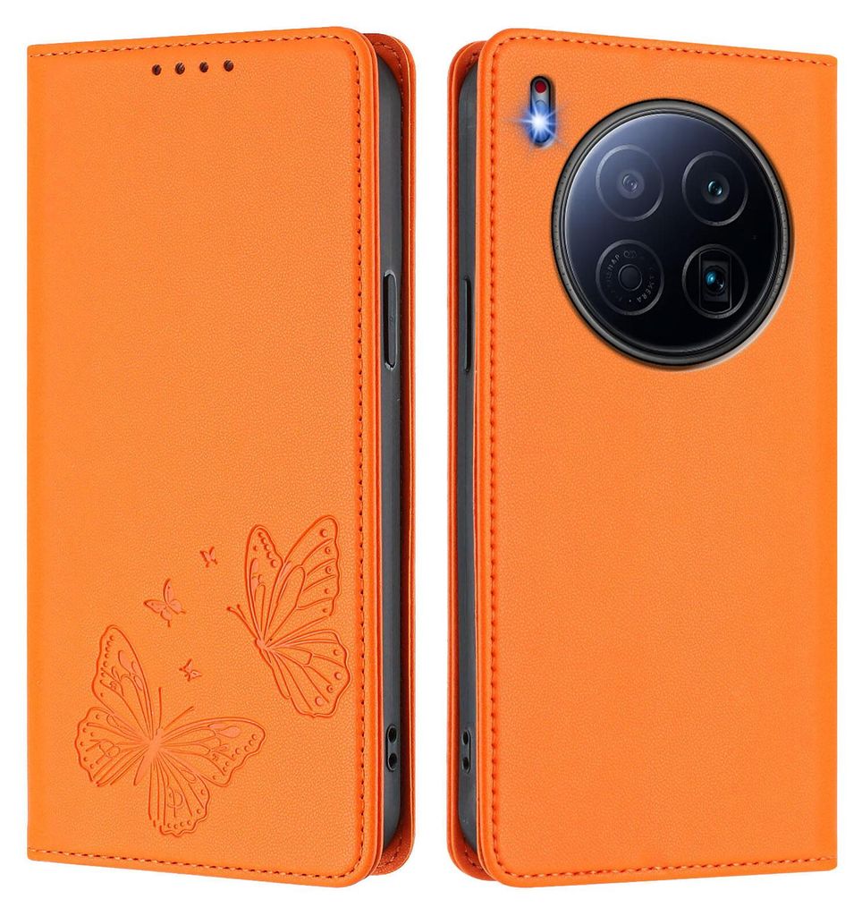 Lederhülle für Tecno Camon 40 Premier, Schmetterling Prägung Leder Brieftasche Schutzhülle mit Ständer Orange